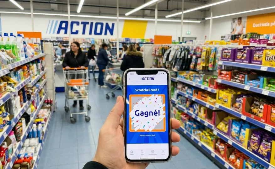 Application Action fidélité sur smartphone avec jeu à gratter dans un magasin.