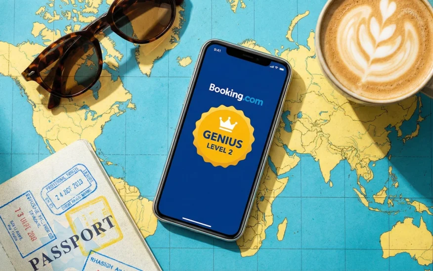 Smartphone affichant le niveau Genius 2 sur l'application Booking.com posé sur une carte du monde.