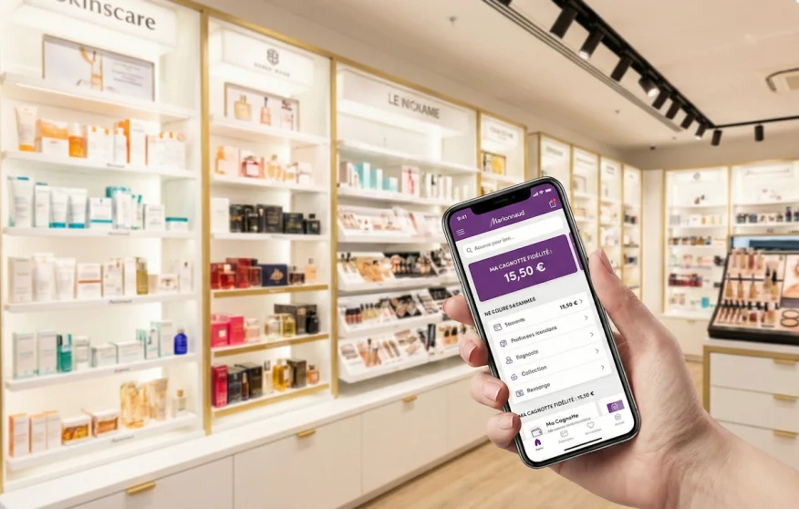 Client consultant sa cagnotte fidélité sur l'application Marionnaud en magasin.