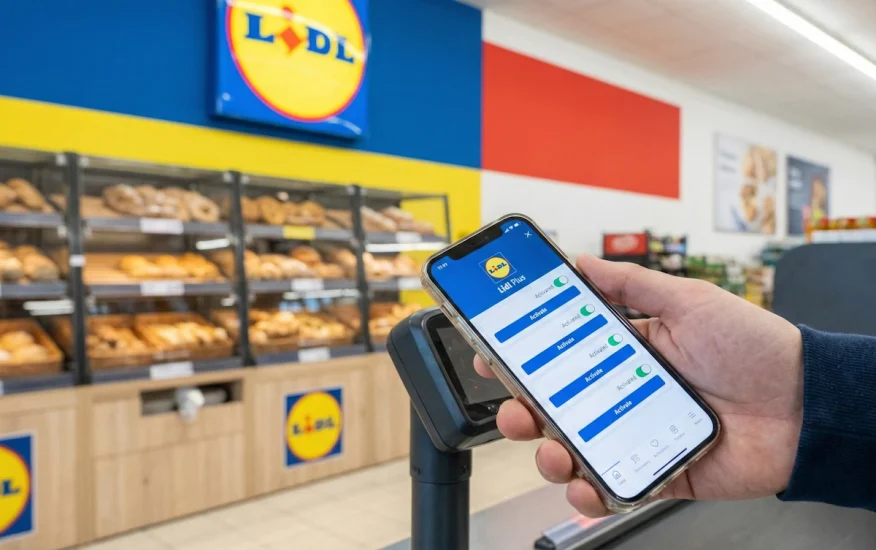 Application Lidl Plus sur smartphone avec coupons de réduction activés.