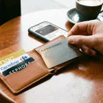 Gros plan sur une carte bancaire Metal premium et des cartes de fidélité dans un portefeuille, posé sur une table de café pour illustrer le cumul du cashback.