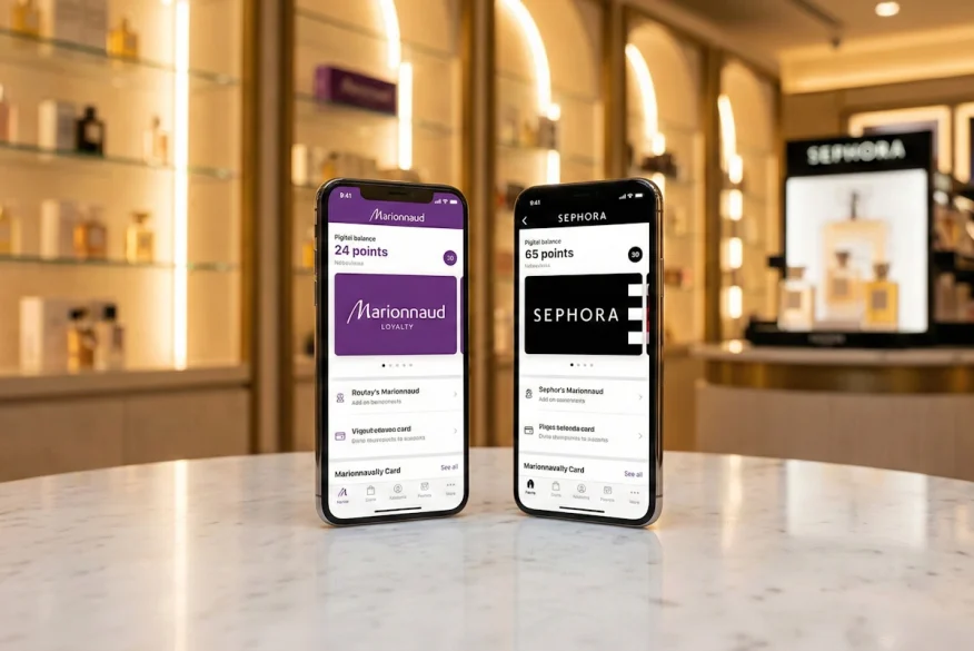 Comparaison des applications de fidélité Marionnaud Privilège et My Sephora sur smartphone.