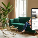 Application de fidélité Ma Maisons du Monde affichée sur smartphone dans un salon élégant.