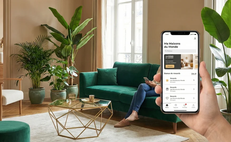 Application de fidélité Ma Maisons du Monde affichée sur smartphone dans un salon élégant.