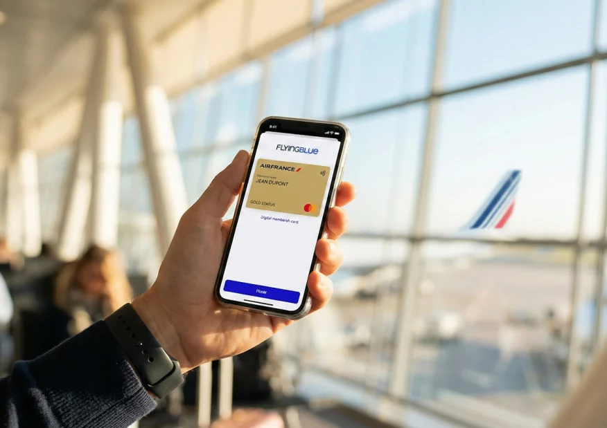 Application mobile Flying Blue montrant les avantages et le statut d'un membre Air France.