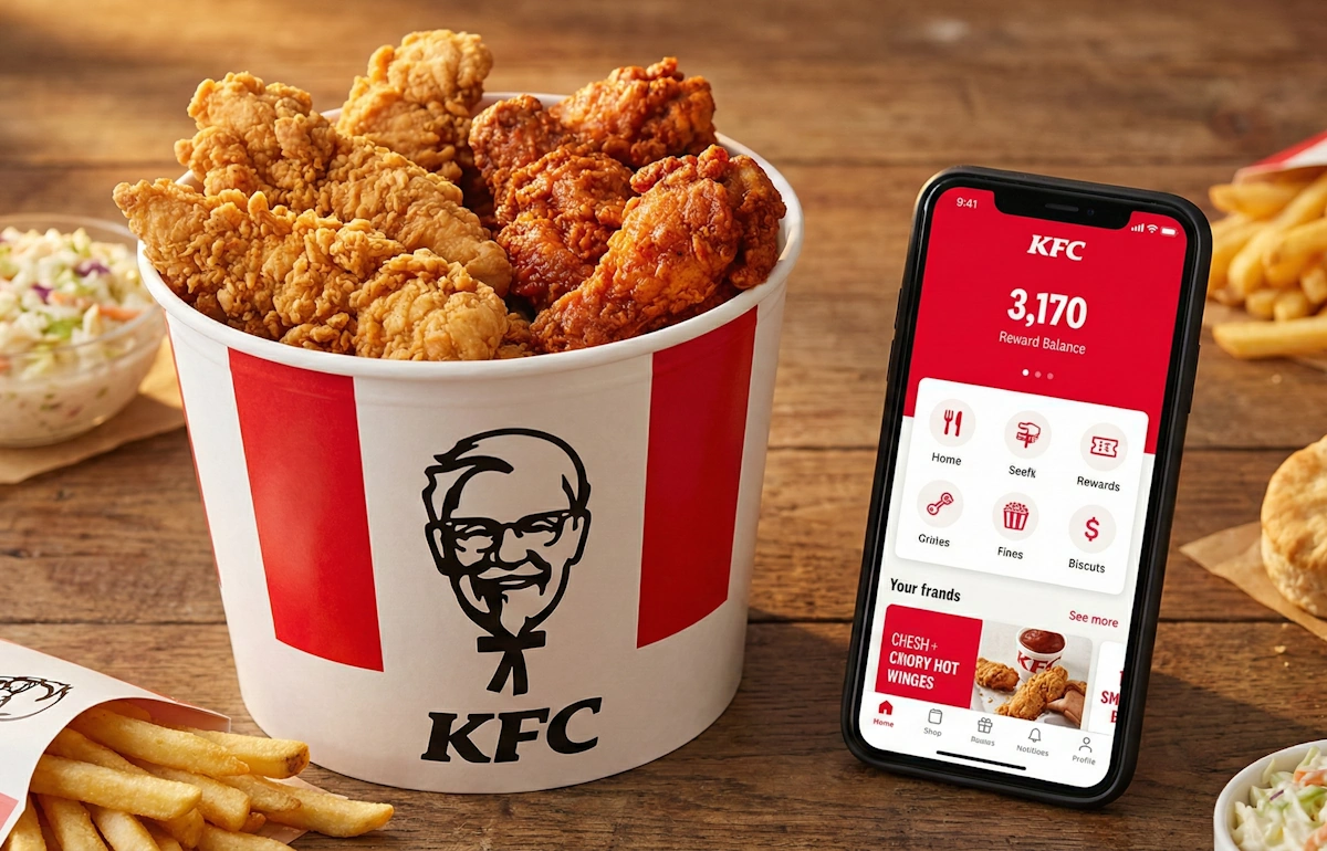 Application fidélité KFC Colonel Club et Bucket de poulet.
