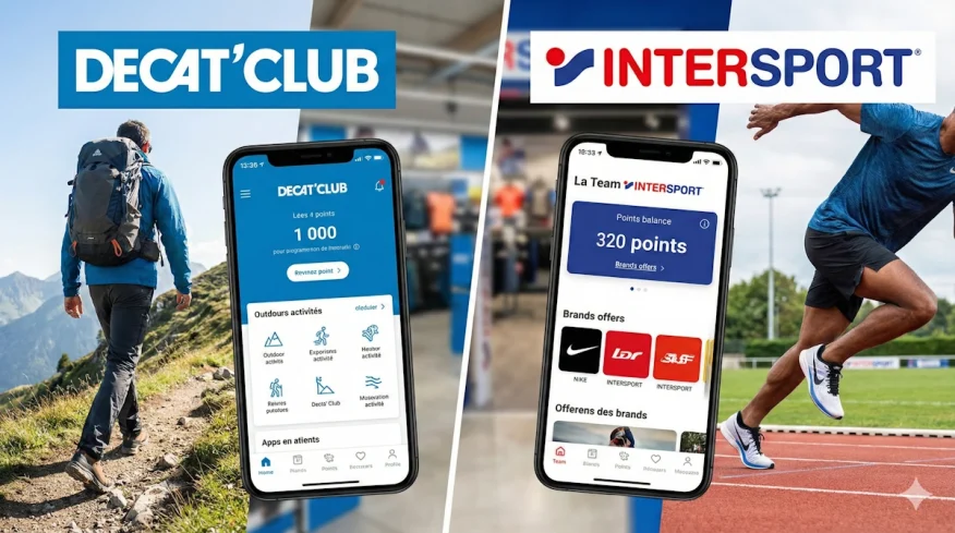 Comparaison visuelle entre les applications de fidélité Decat'Club de Decathlon et La Team Intersport sur smartphone pour le cagnottage sport.
