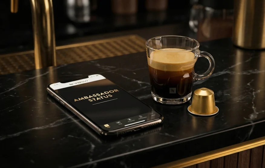 Application Nespresso affichant le statut Ambassadeur et un café espresso sur fond noir.