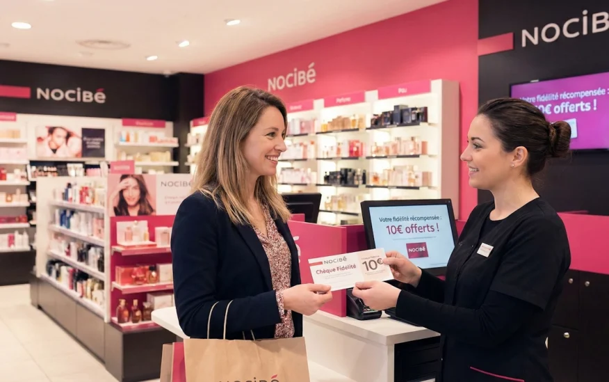 Utilisation du chèque fidélité Nocibé de 10 euros en parfumerie.