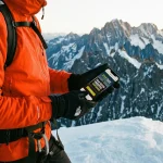 Randonneur en montagne consultant son application The North Face XPLR Pass pour un test de prototype.