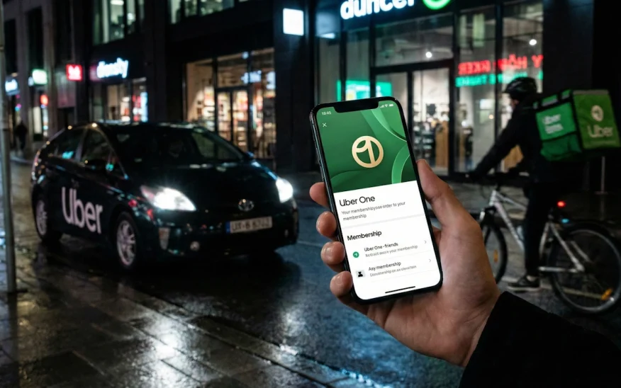 Smartphone affichant l'abonnement Uber One dans une rue animée le soir.
