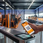 Smartphone scannant un QR code à l'entrée d'une salle de sport Basic-Fit.