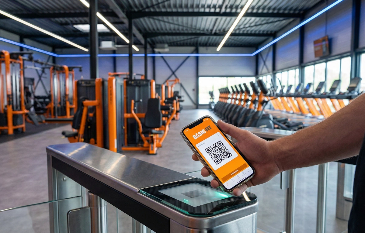 Smartphone scannant un QR code à l'entrée d'une salle de sport Basic-Fit.