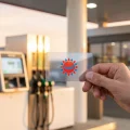 Gros plan sur une carte Club TotalEnergies tenue devant une pompe à essence dans une station-service moderne.
