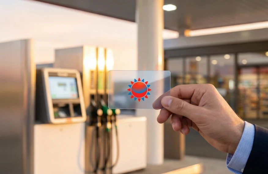Gros plan sur une carte Club TotalEnergies tenue devant une pompe à essence dans une station-service moderne.