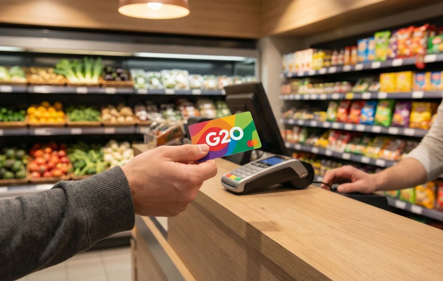 Client présentant sa carte de fidélité G20 lors de son passage en caisse pour bénéficier de réductions.