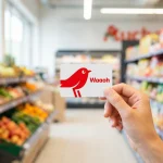 Main tenant une carte de fidélité Auchan Waaoh devant un rayon de supermarché moderne