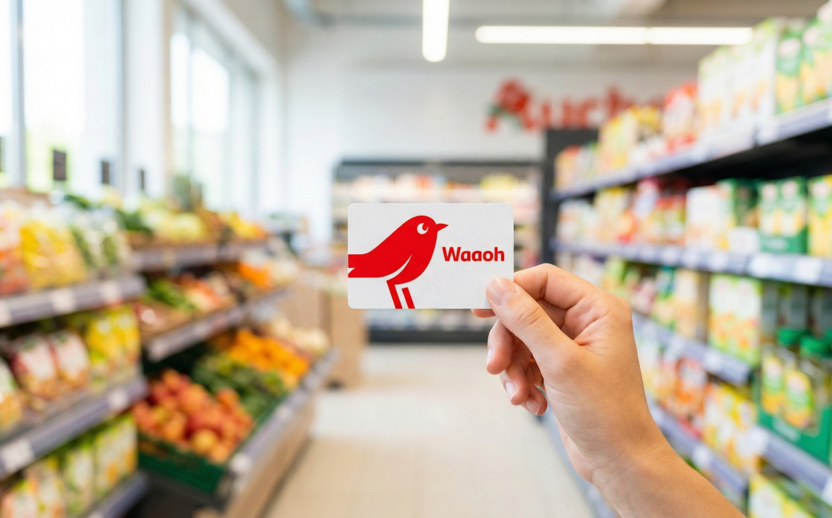 Main tenant une carte de fidélité Auchan Waaoh devant un rayon de supermarché moderne