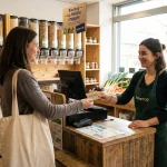 Client présentant sa carte fidélité à la caisse d'un magasin Biocoop avec des produits en vrac.