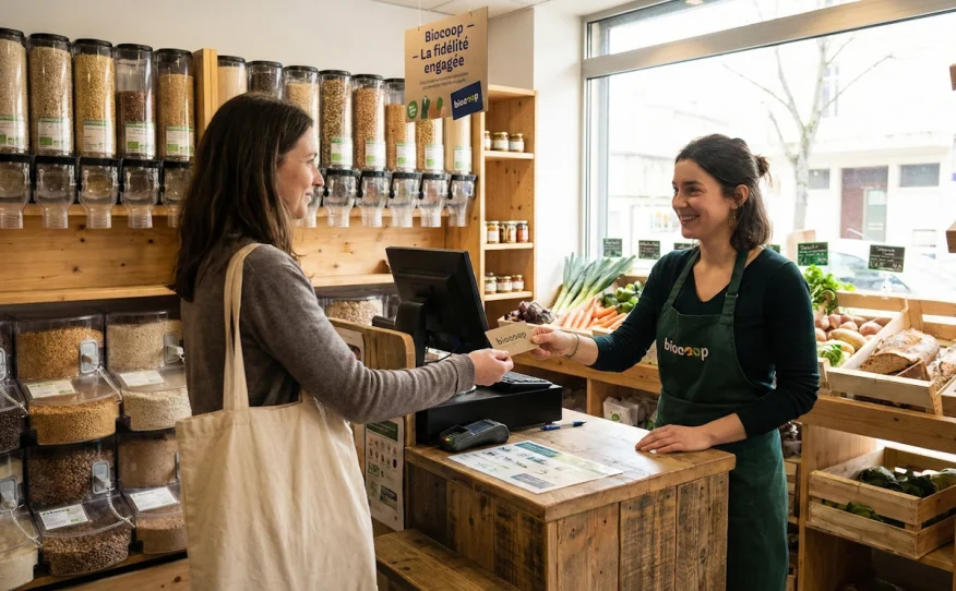 Client présentant sa carte fidélité à la caisse d'un magasin Biocoop avec des produits en vrac.