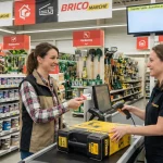Client utilisant sa carte de fidélité Bricomarché en caisse pour cagnotter sur ses achats.