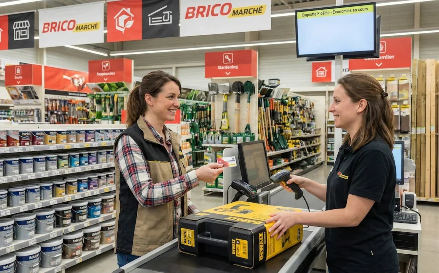 Client utilisant sa carte de fidélité Bricomarché en caisse pour cagnotter sur ses achats.