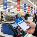 Client utilisant l'application Carrefour pour payer avec sa cagnotte fidélité.