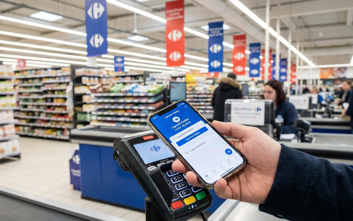 Client utilisant l'application Carrefour pour payer avec sa cagnotte fidélité.