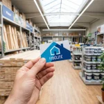 Gros plan d'une main tenant une carte de fidélité Castorama dans un rayon de bricolage moderne.