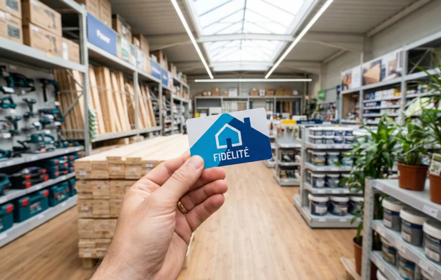 Gros plan d'une main tenant une carte de fidélité Castorama dans un rayon de bricolage moderne.