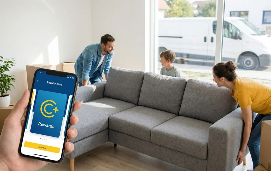 Famille utilisant les avantages de la carte Confo+ pour un achat de meubles.