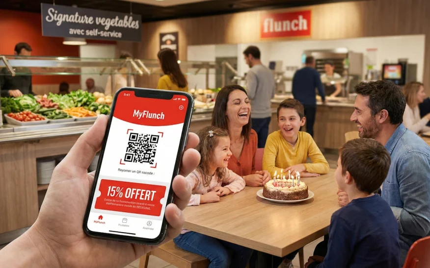 Client utilisant l'application MyFlunch pour obtenir un gâteau d'anniversaire gratuit.
