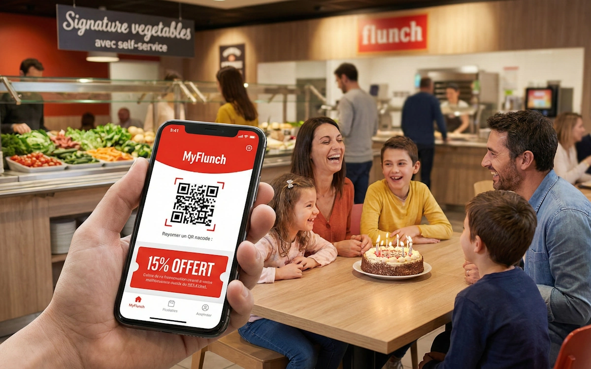 Client utilisant l'application MyFlunch pour obtenir un gâteau d'anniversaire gratuit.