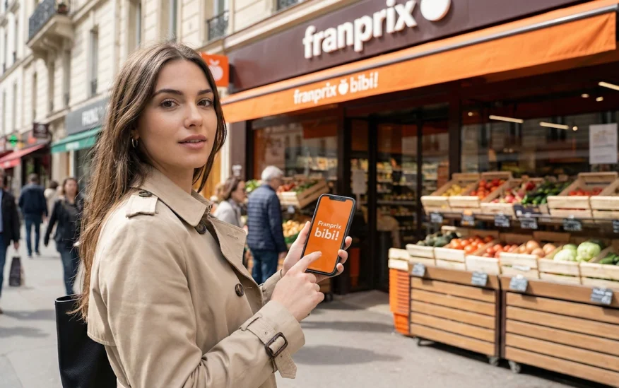 Client utilisant l'application bibi! devant un magasin Franprix.