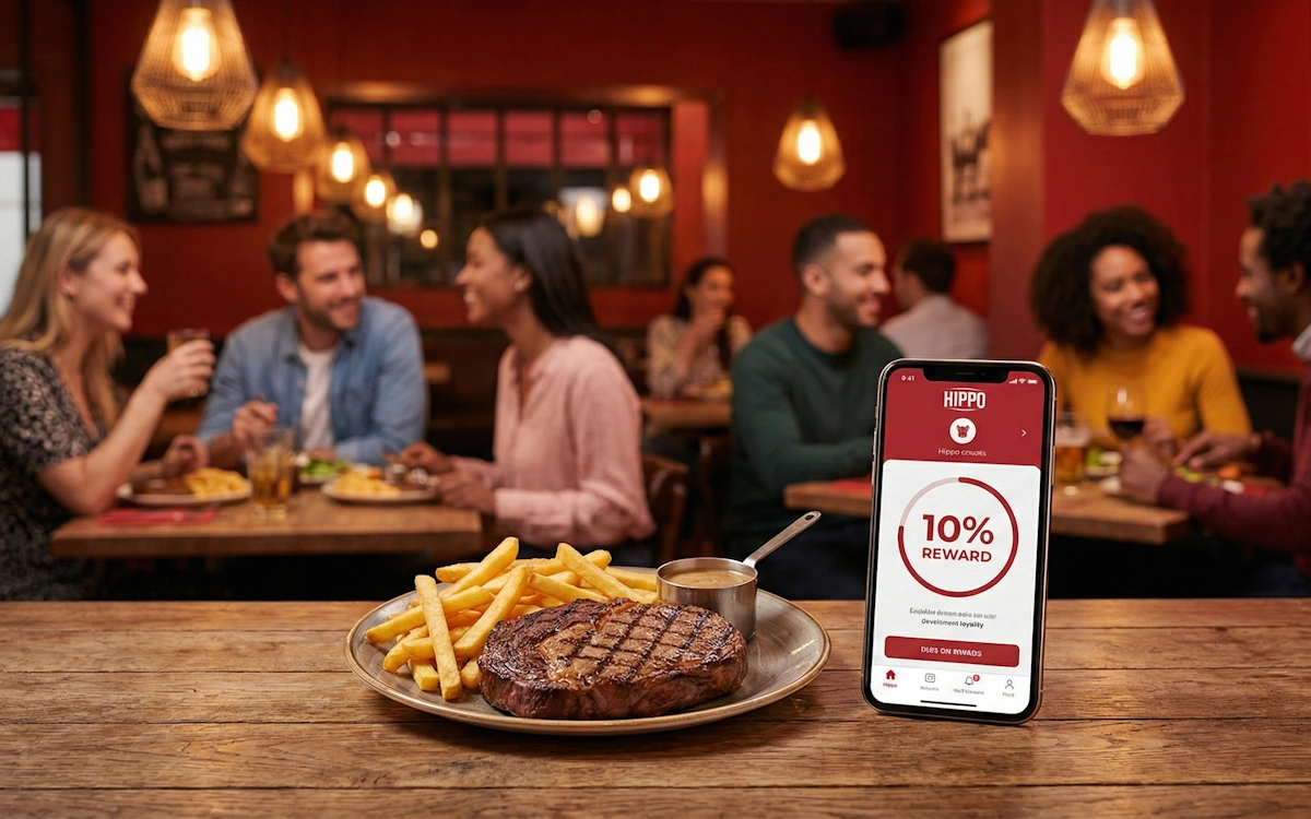 Application de fidélité Hippopotamus sur une table de restaurant avec une entrecôte.