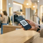 Une personne scannant son application H&M Hello Member à la caisse d'un magasin de mode moderne.