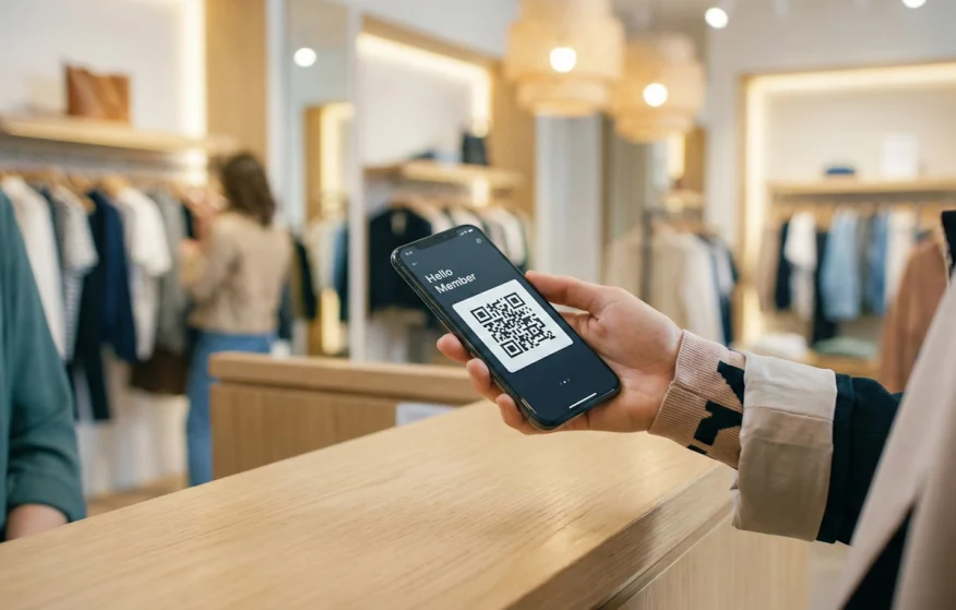 Une personne scannant son application H&M Hello Member à la caisse d'un magasin de mode moderne.