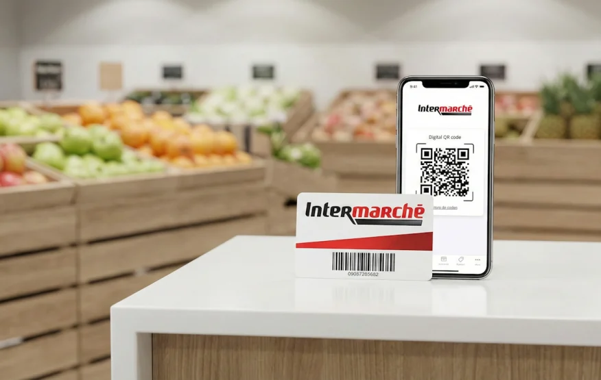 Photo en studio de la carte de fidélité physique Intermarché posée à côté d'un smartphone affichant le QR code de l'application mobile, dans un décor de rayon fruits et légumes.
