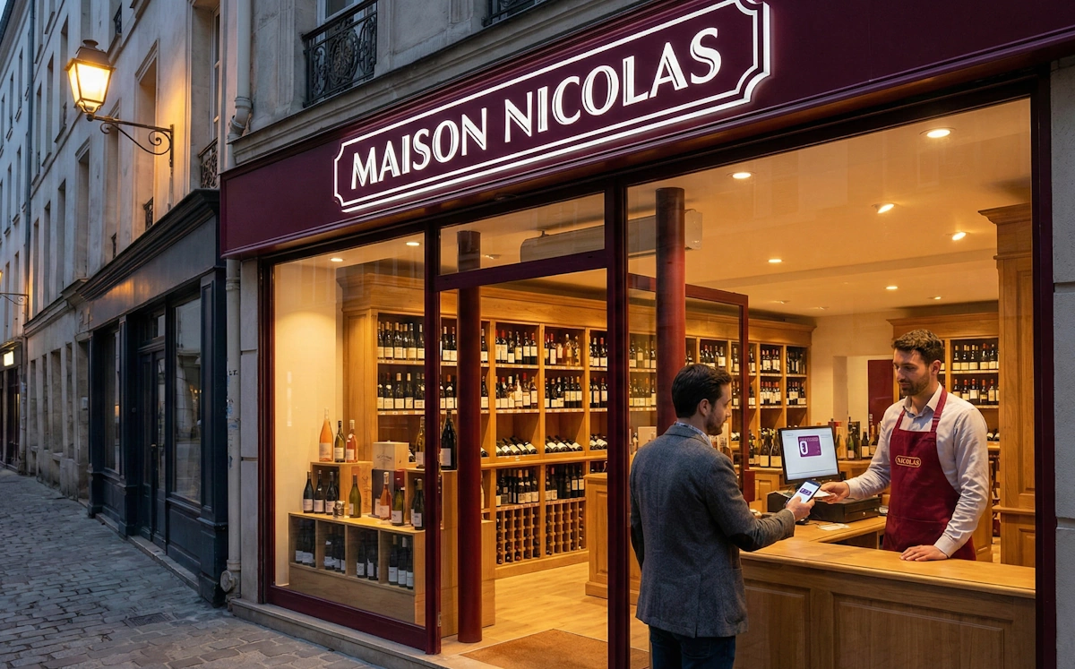 Client utilisant sa carte fidélité dans une cave Maison Nicolas (ex-Nicolas).