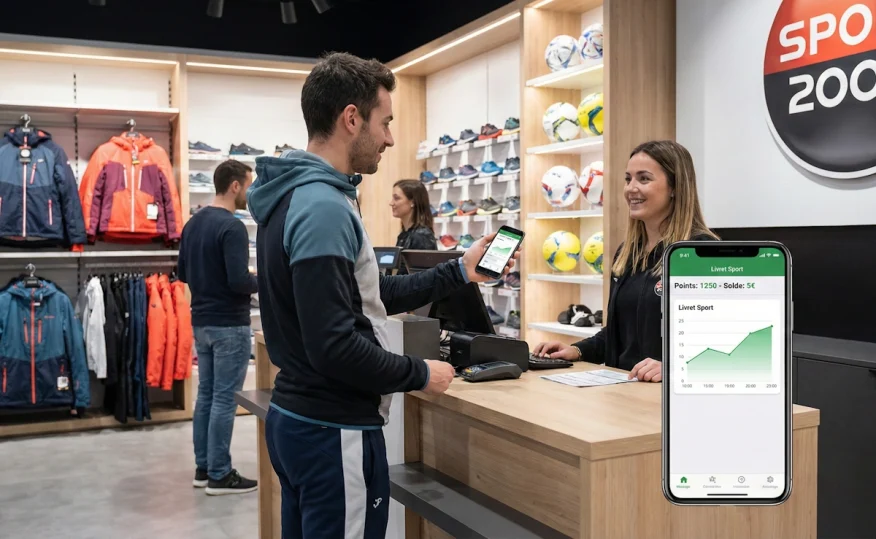 Client utilisant son Livret Sport sur l'application Sport 2000 en magasin.