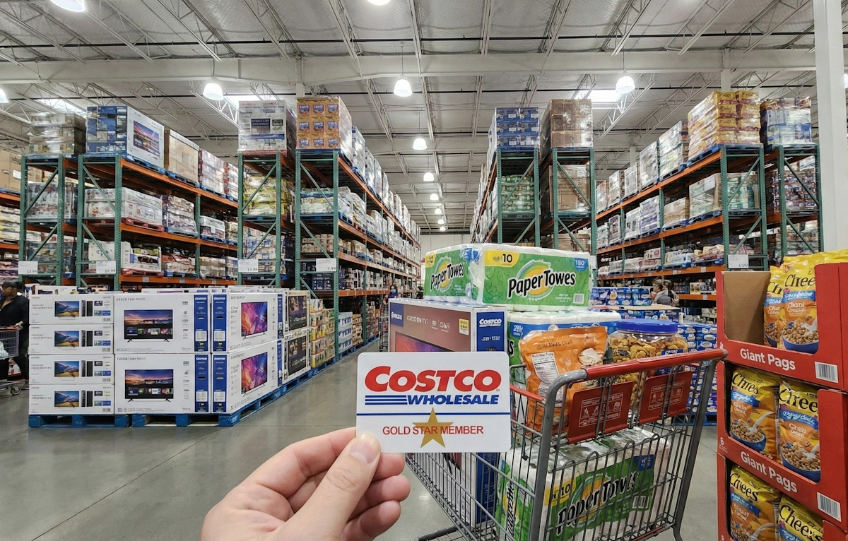 Carte de membre Costco tenue en main dans un entrepôt rempli de produits en gros.