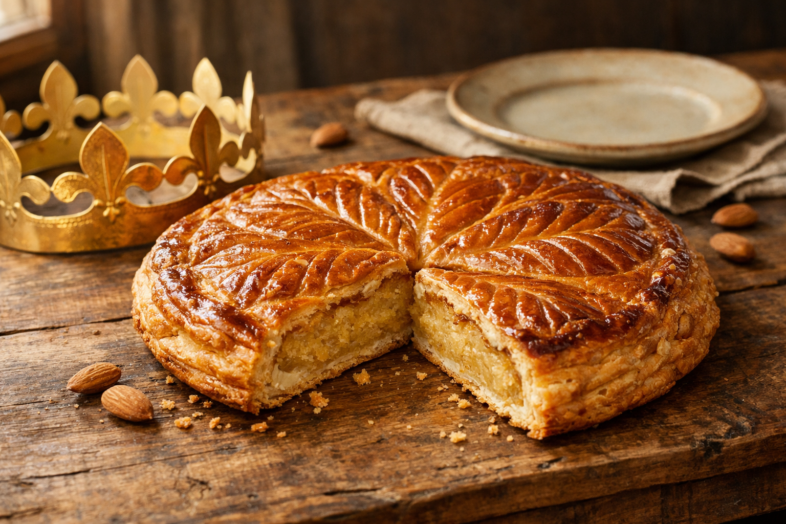 Galette des Rois frangipane Lidl dorée et croustillante avec une part découpée - Arrivages catalogue du dimanche 28 décembre 2025