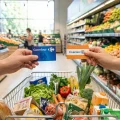 Comparatif entre la carte de fidélité Carrefour et la carte E.Leclerc tenues au-dessus d'un caddie de courses en supermarché.