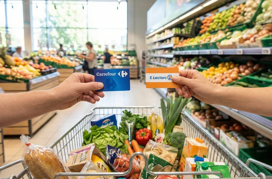 Comparatif entre la carte de fidélité Carrefour et la carte E.Leclerc tenues au-dessus d'un caddie de courses en supermarché.