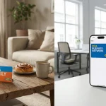 Comparaison visuelle entre la carte IKEA Family pour les particuliers et le programme IKEA Business Network pour les professionnels dans un intérieur scandinave.