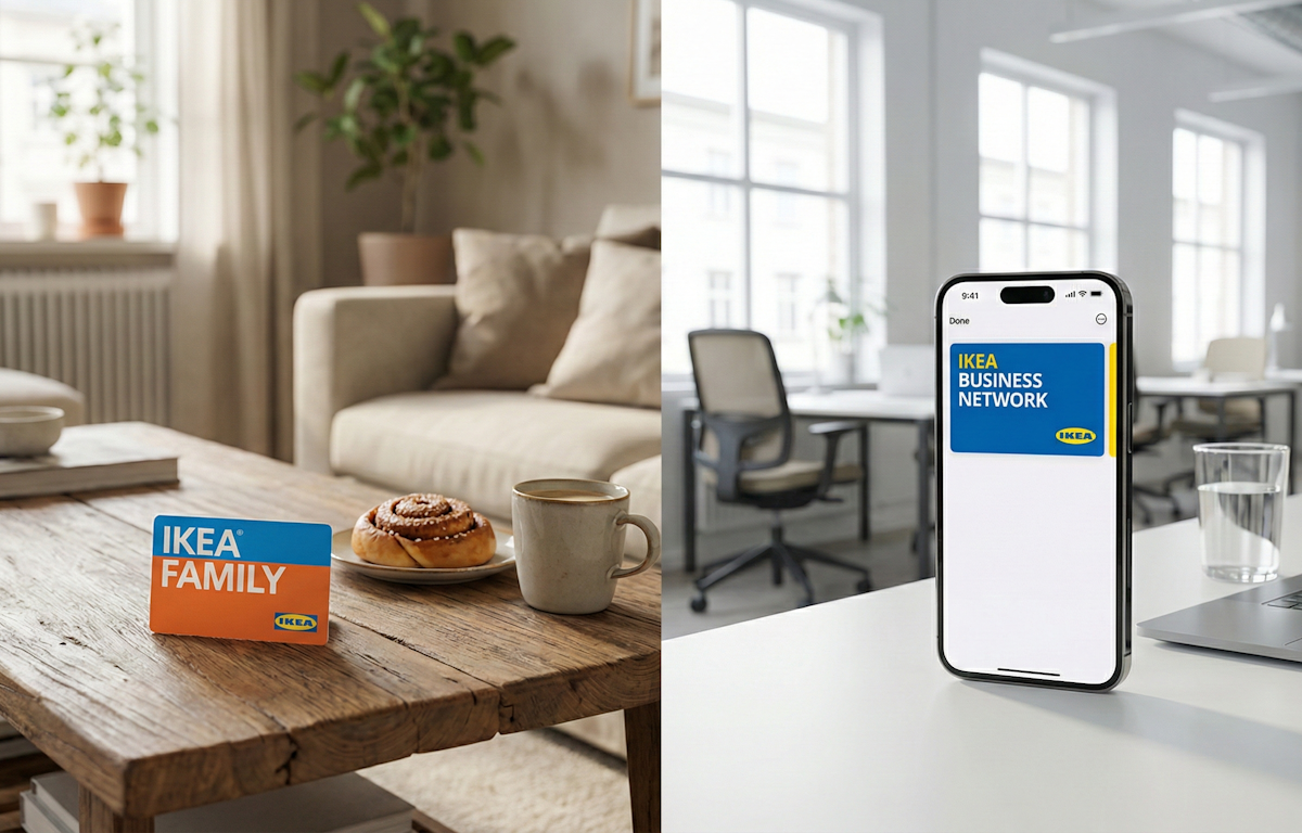 Comparaison visuelle entre la carte IKEA Family pour les particuliers et le programme IKEA Business Network pour les professionnels dans un intérieur scandinave.