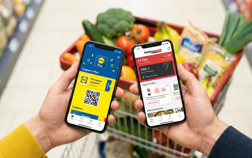 Comparaison visuelle entre l'application Lidl Plus sur smartphone et la carte de fidélité physique Intermarché devant un caddie de courses.