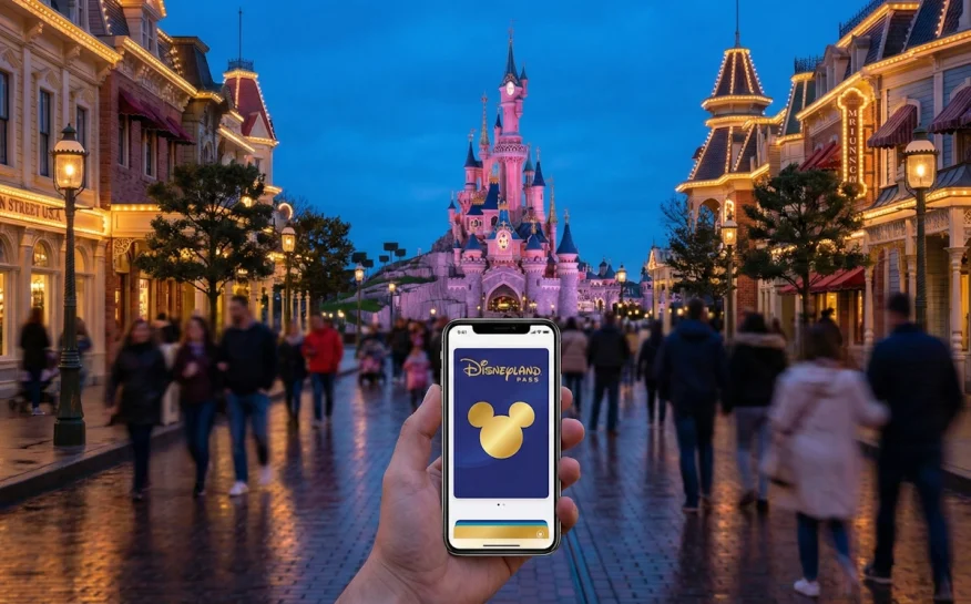 Main Street USA à Disneyland Paris au crépuscule avec un smartphone affichant le Disneyland Pass Gold.