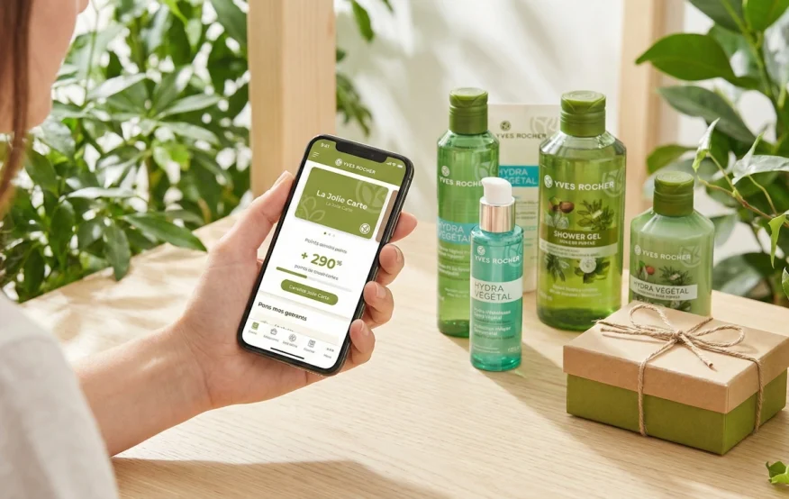 Application fidélité Yves Rocher La Jolie Carte et produits de beauté.
