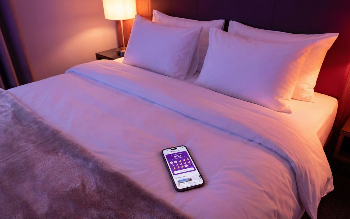 Smartphone sur un lit d'hôtel affichant l'application Hotels.com avec 9 vignettes sur 10.